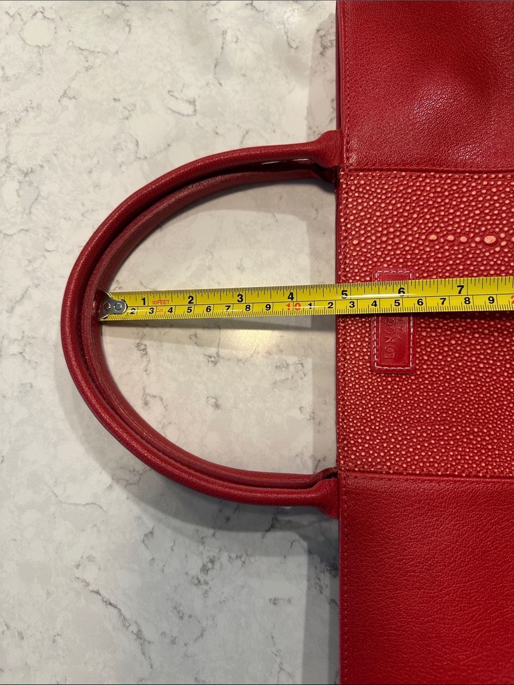 Longchamp Red Leather Tote with Textured Center Panel - Picture 11 of 13